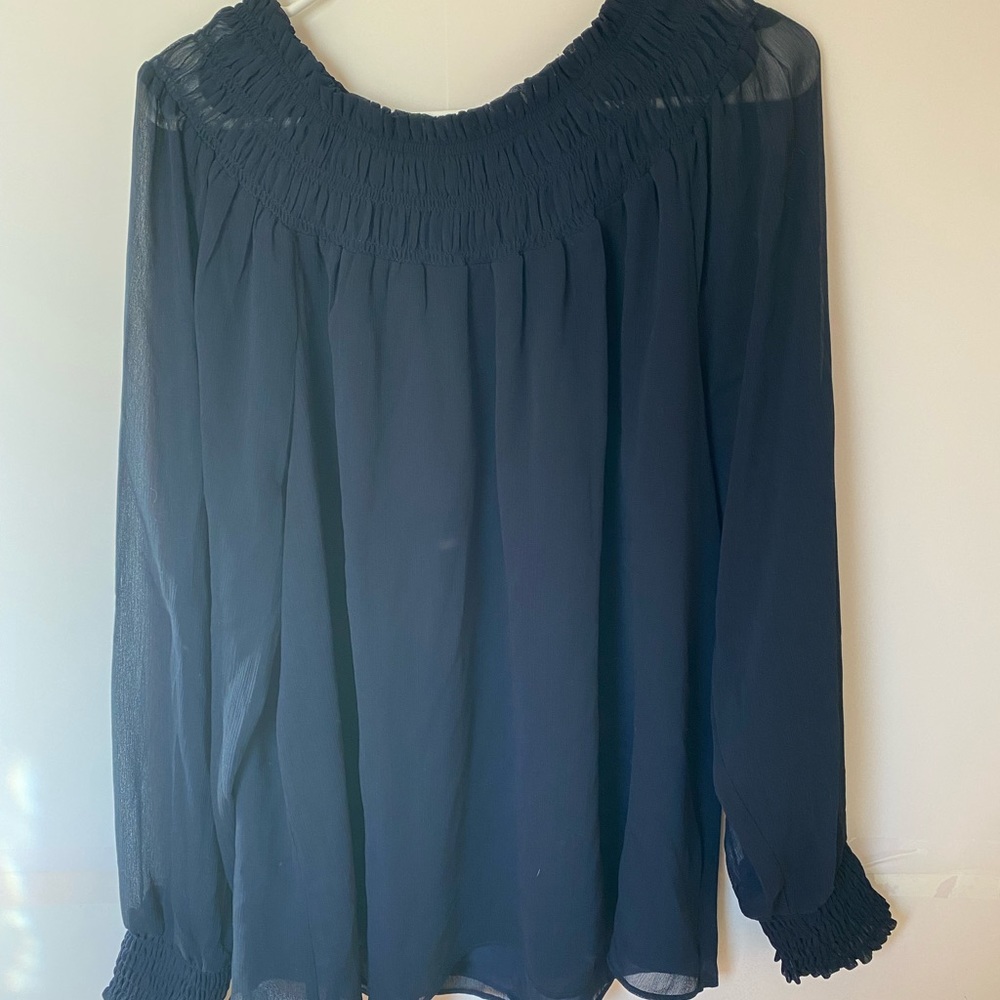 Ann Taylor Factory Smocked Mock Neck Blouse in Navy Blue